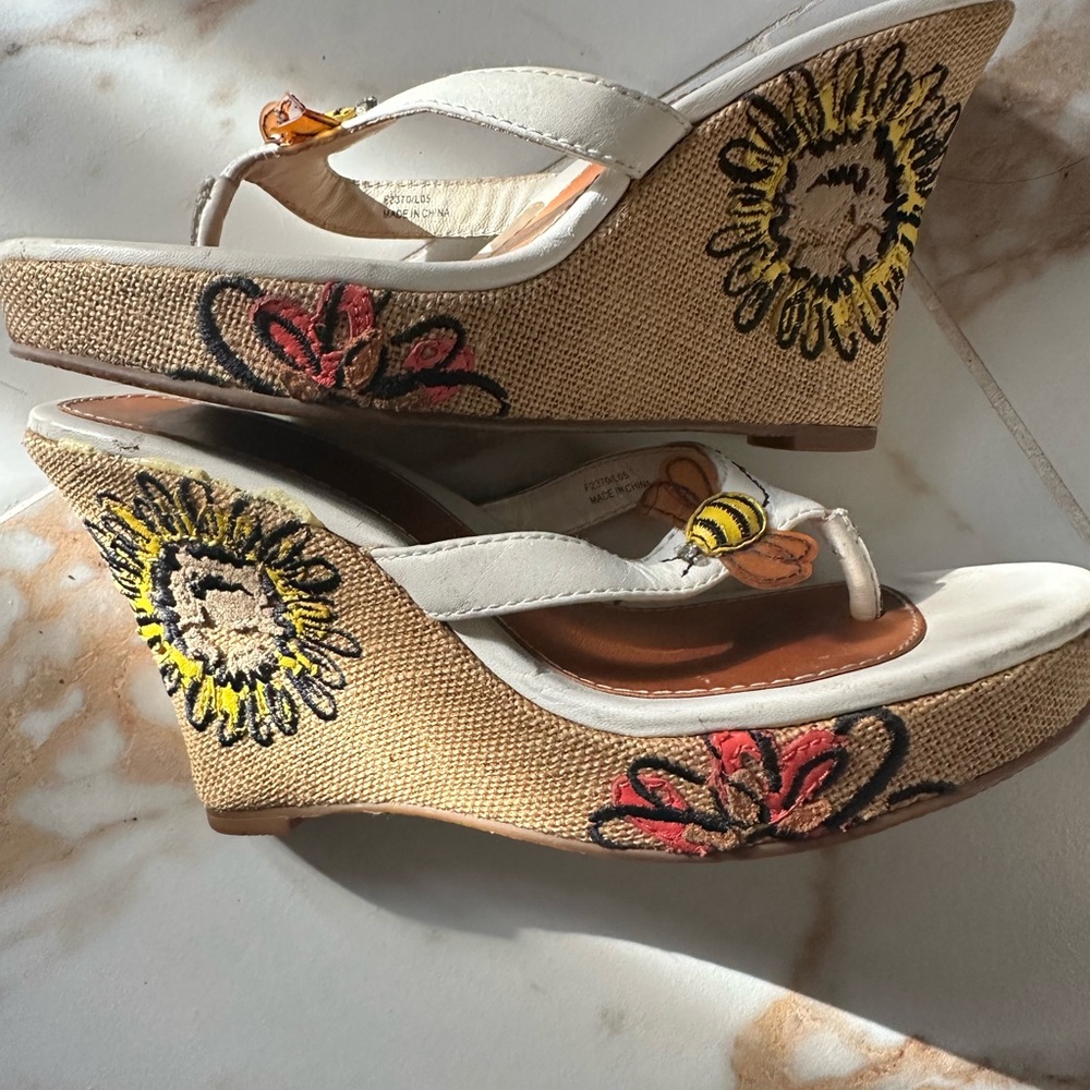 Coach Floral Embroidered Wedges - White and Tan